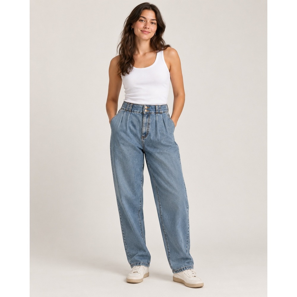Lucy & Yak Jeans W30/L Blue Organic Cotton High Waisted Pleated Straight Leg